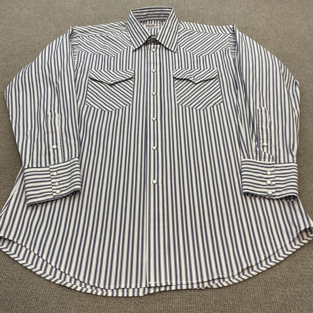 Vintage Miller Stockman Shirt Mens XL Blue Stripe Western Pearl Snap Long Sleeve